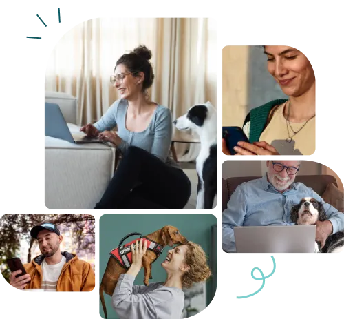 A collage of people connecting with their pets and using their devices at home
